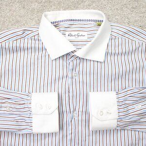 Robert Graham Shirt Mens 17.5, 44 Blue/Brown Contrast‎ Collar Cotton Long Sleeve